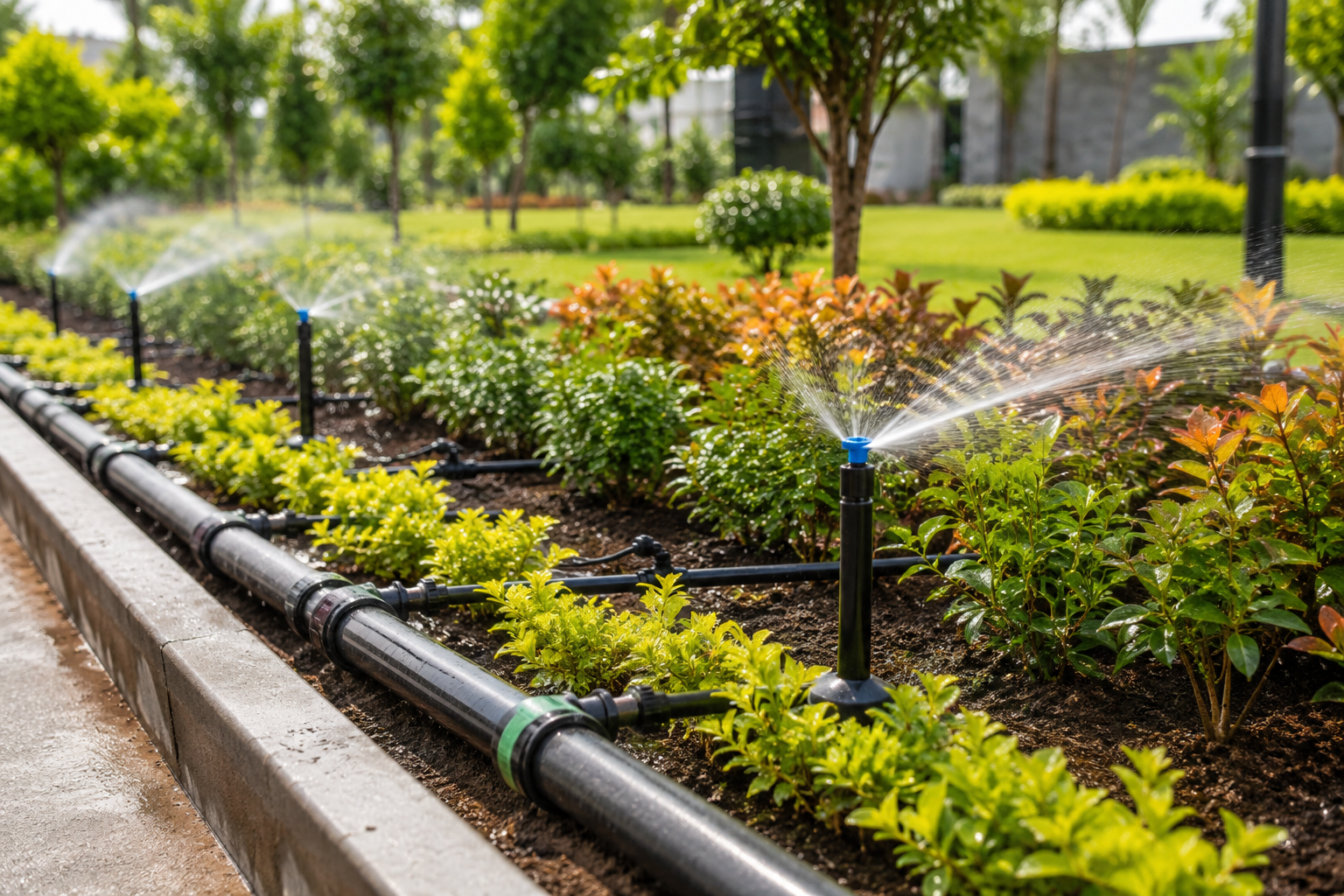 Drip irrigation system installed along a garden bed
